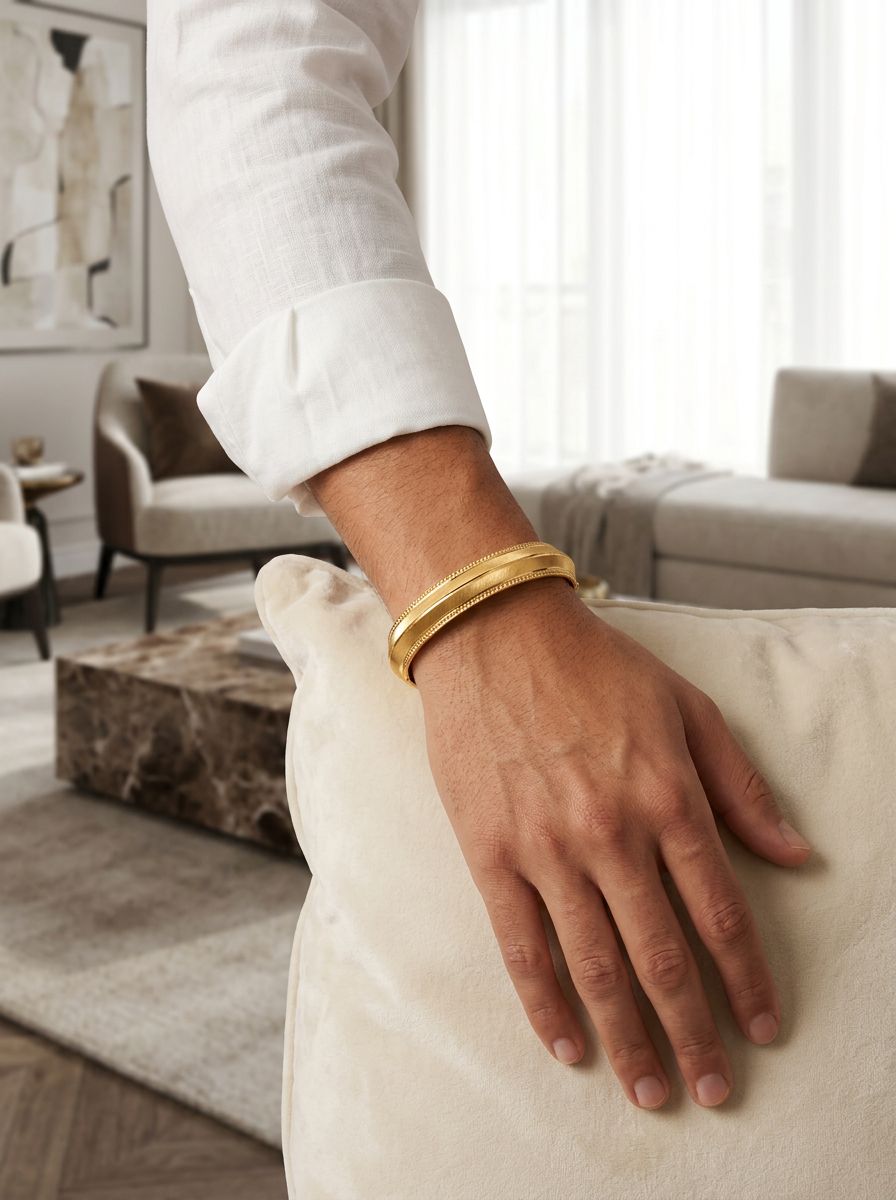 Regal 22KT gold plated kada for men features a polished finish with engraved linear textures view 3