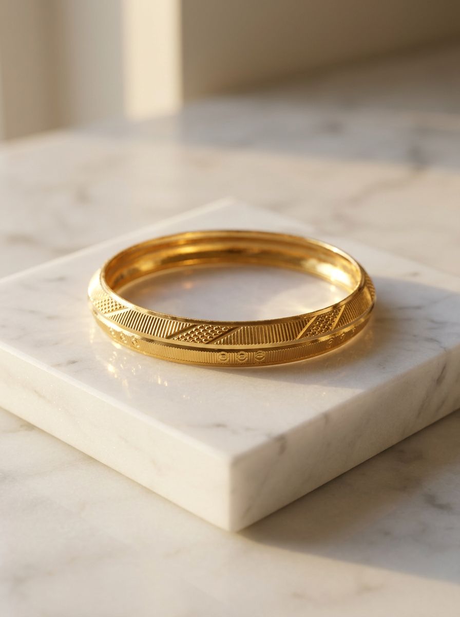 Vigor Gold Plated Kada for men features 22 KT yellow gold plating with textured geometric engravings view 4