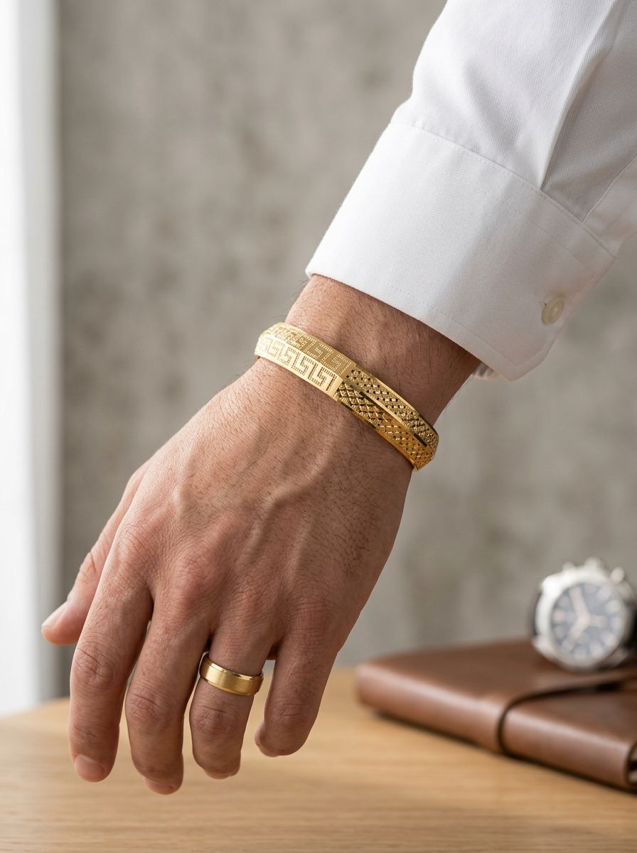 Gold-plated kada bangle features a distinctive etched Greek key pattern and a polished finish with Laser CNC cutting view 4