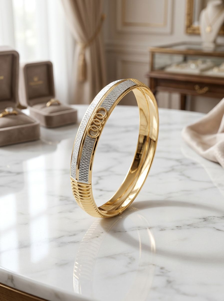 Shining Jewel gold and Rodium plated men's kada features a two-tone design view 2