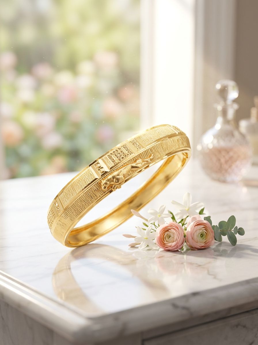 Gold plated Kada for men features a textured finish and a detailed Jaguar view 3