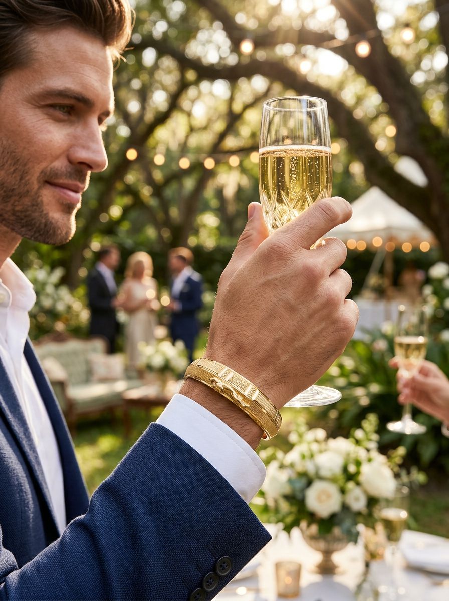 Gold plated Kada for men features a textured finish and a detailed Jaguar view 4