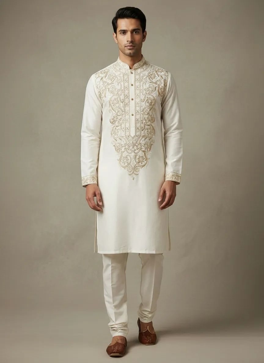Ivory Embroided Kurta Pant Set view 3