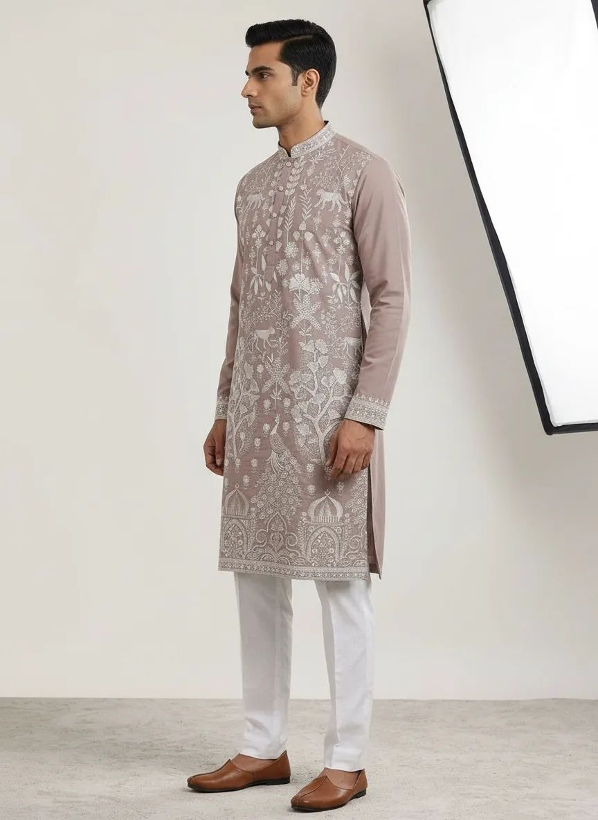 Embroidered Pale Peach Kurta Pant Set view 2