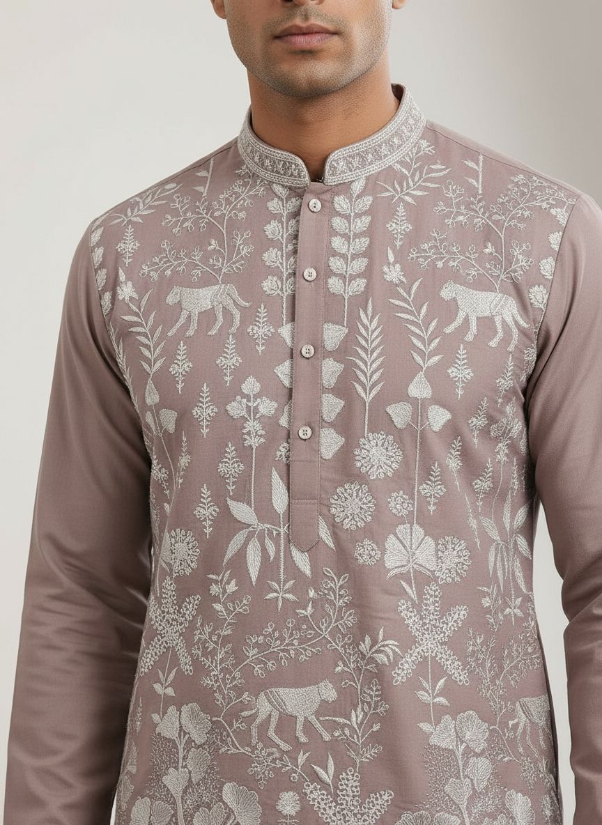 Embroidered Pale Peach Kurta Pant Set view 3