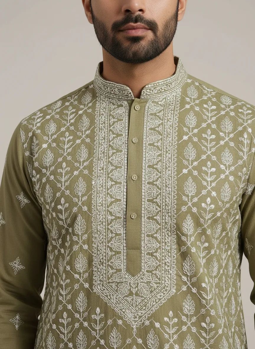Embroidered Green Silk Kurta Pant Set view 3