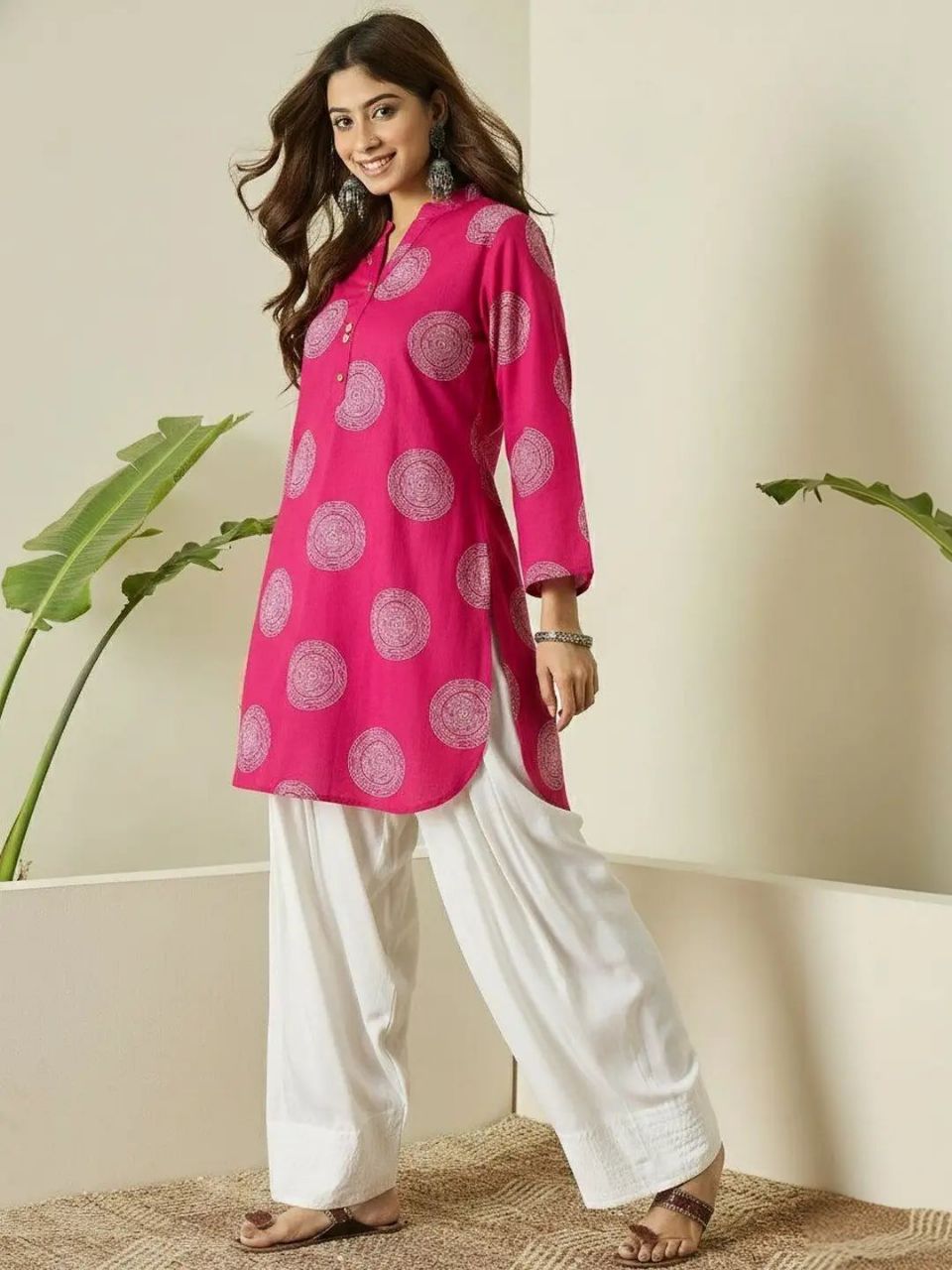 Printed Cotton Farshi Shalwar Kurta Stitched Set  - Pink / SD00187 view 2