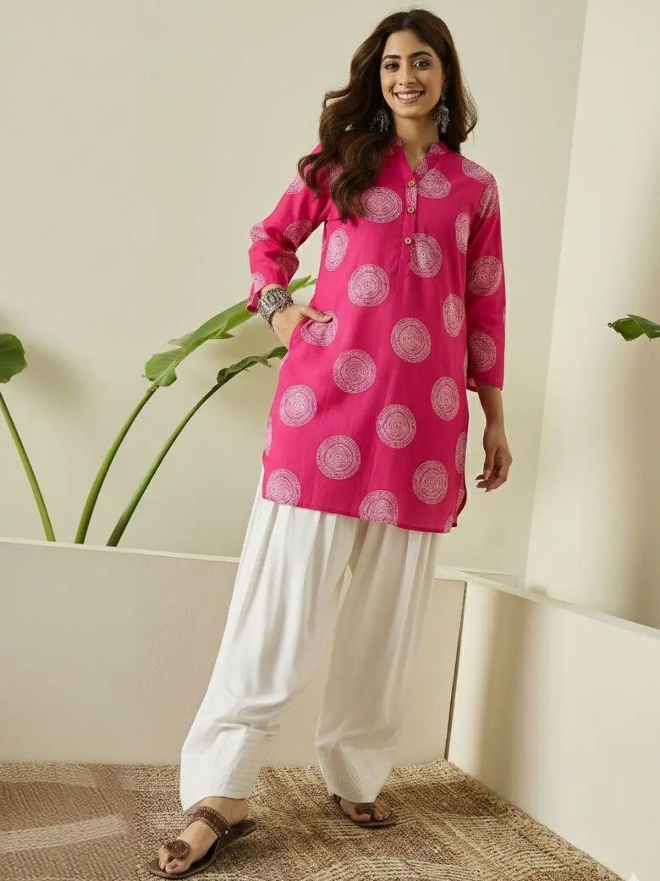 Printed Cotton Farshi Shalwar Kurta Stitched Set  - Pink / SD00187 view 5