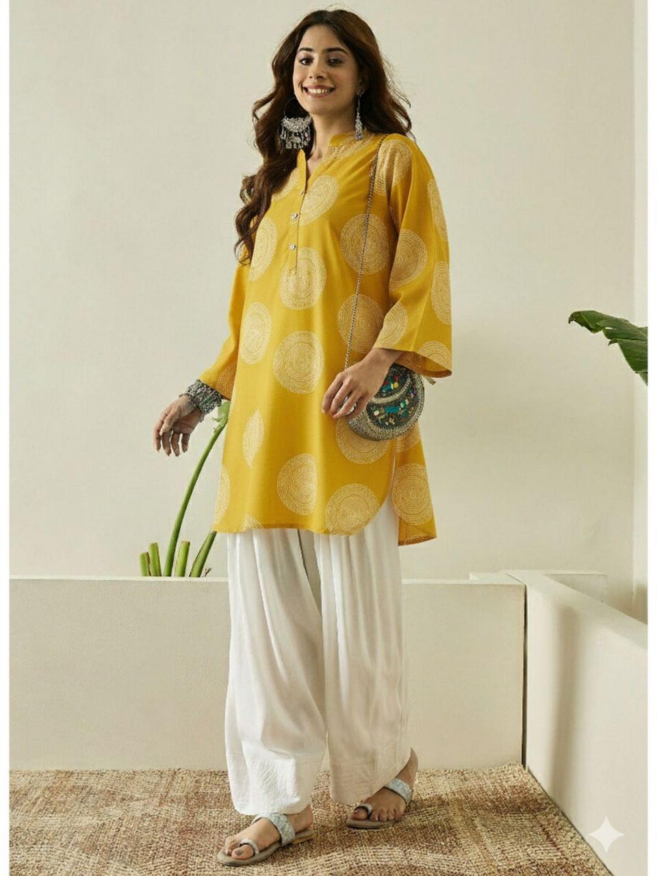 Printed Viscous Rayon Farshi Shalwar Kurta Stitched Set - Yellow / SD00187 view 2