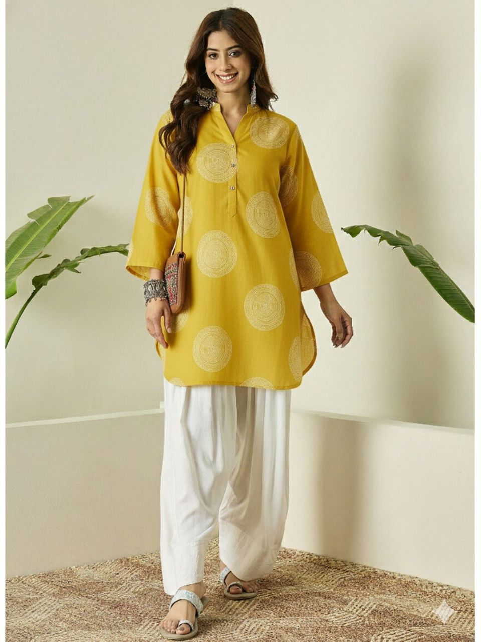 Printed Viscous Rayon Farshi Shalwar Kurta Stitched Set - Yellow / SD00187 view 3