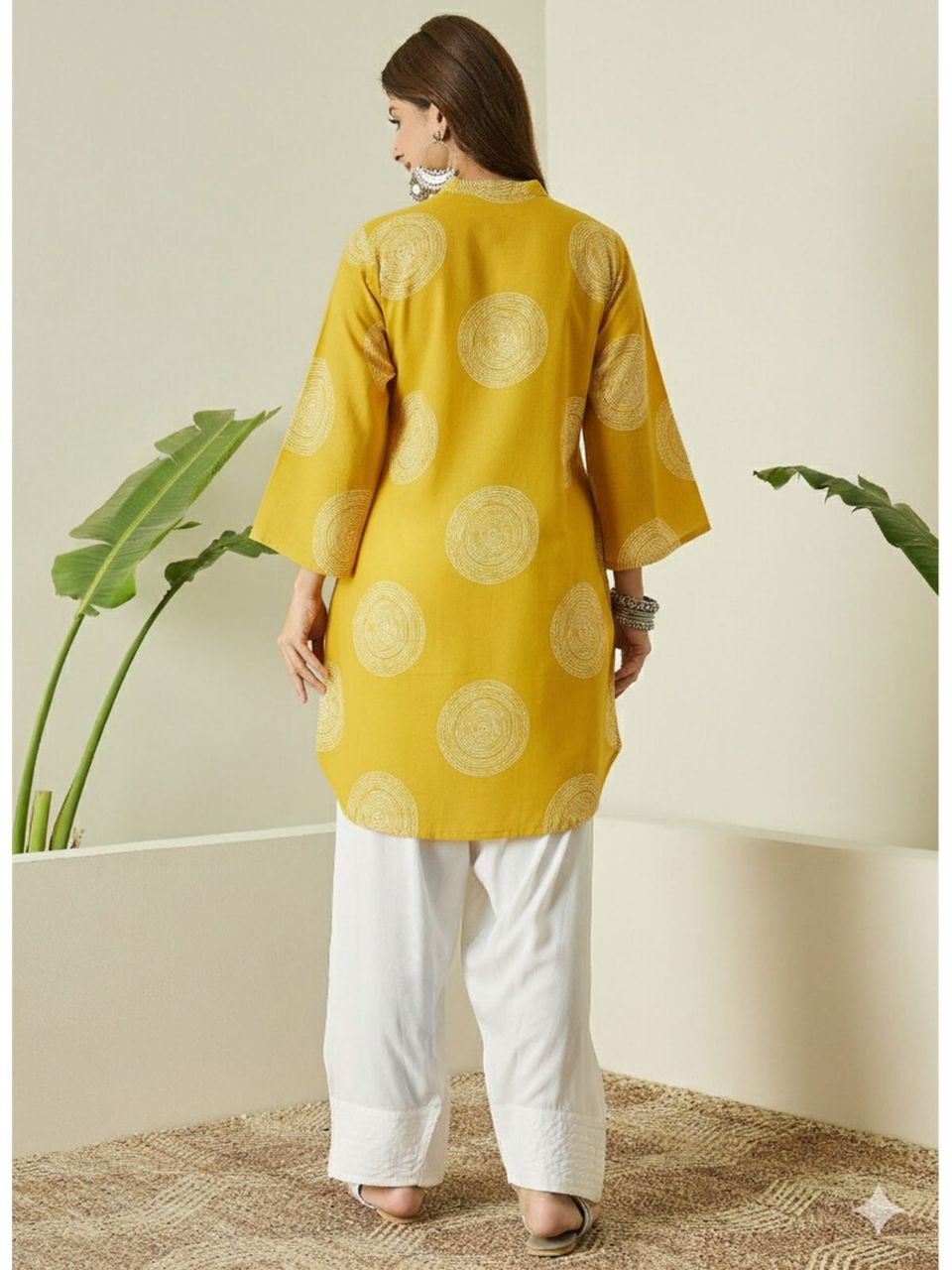 Printed Viscous Rayon Farshi Shalwar Kurta Stitched Set - Yellow / SD00187 view 4
