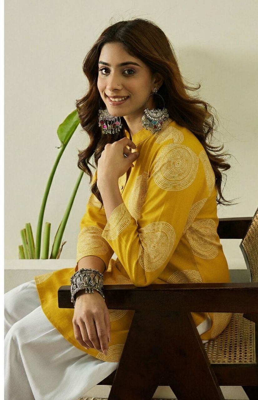 Printed Viscous Rayon Farshi Shalwar Kurta Stitched Set - Yellow / SD00187 view 6