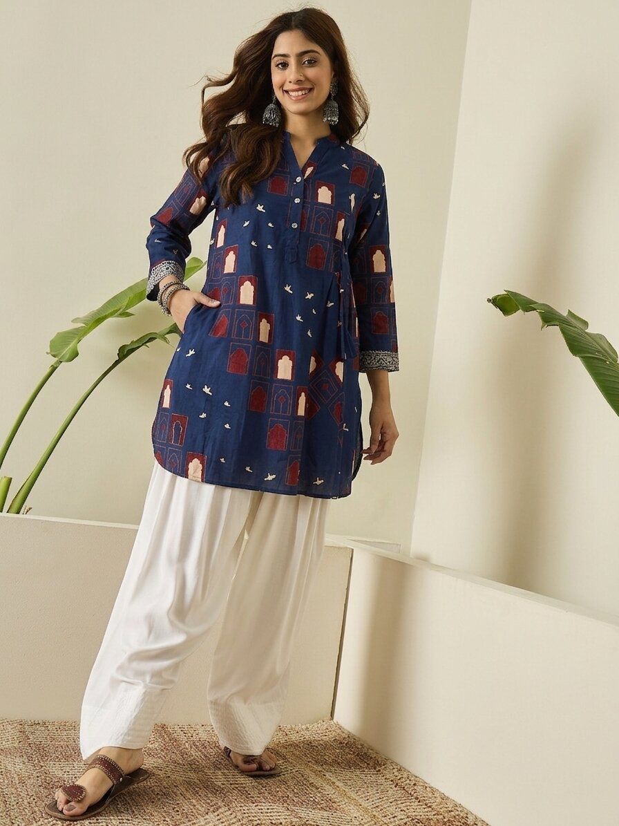 Printed Stylish Reyon Cotton Stitched Farshi Shalwar Cord Set - Blue  / SD00187 view 2