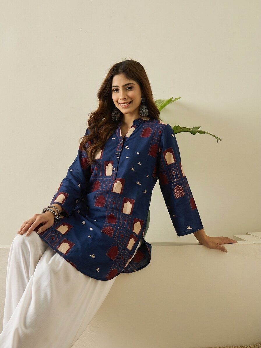 Printed Stylish Reyon Cotton Stitched Farshi Shalwar Cord Set - Blue  / SD00187 view 3