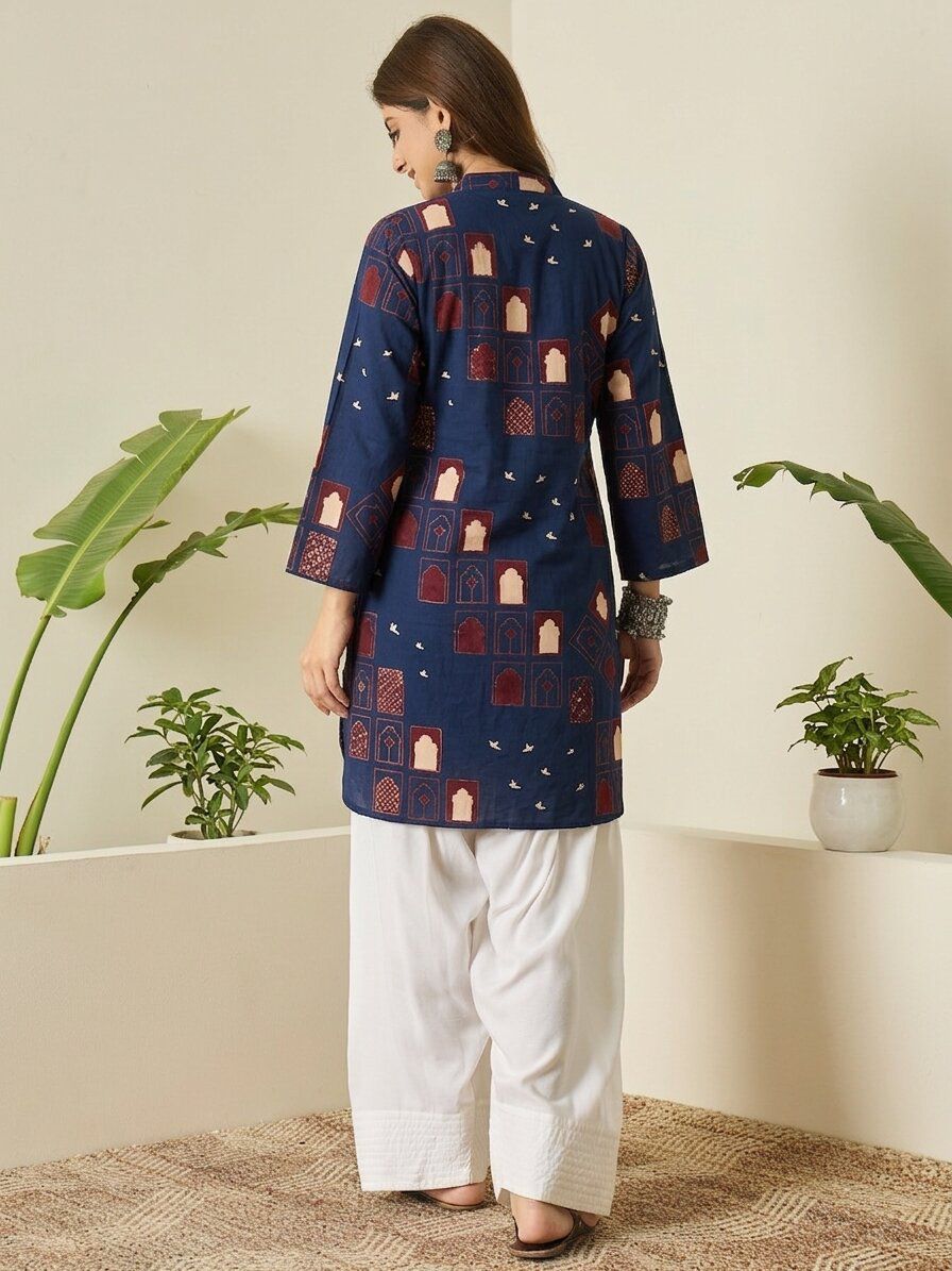Printed Stylish Reyon Cotton Stitched Farshi Shalwar Cord Set - Blue  / SD00187 view 4