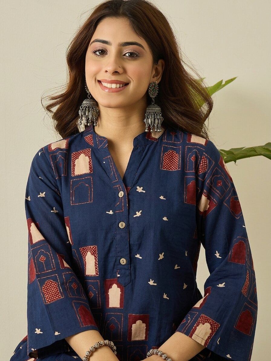 Printed Stylish Reyon Cotton Stitched Farshi Shalwar Cord Set - Blue  / SD00187 view 5