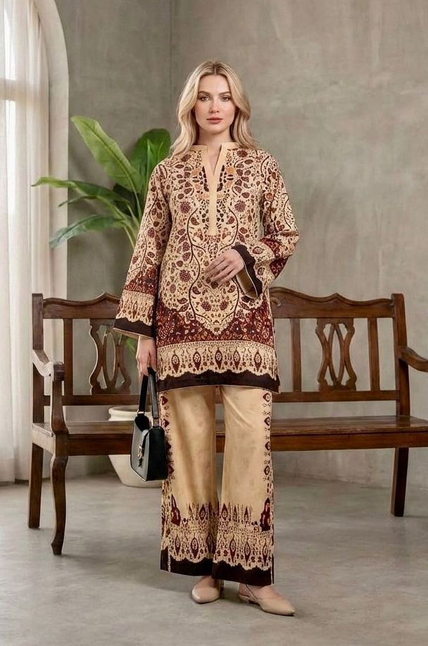 Printed Stylish Cotton Stitches Plazo Cord Set Suit - Golden Black / SD00190 view 2