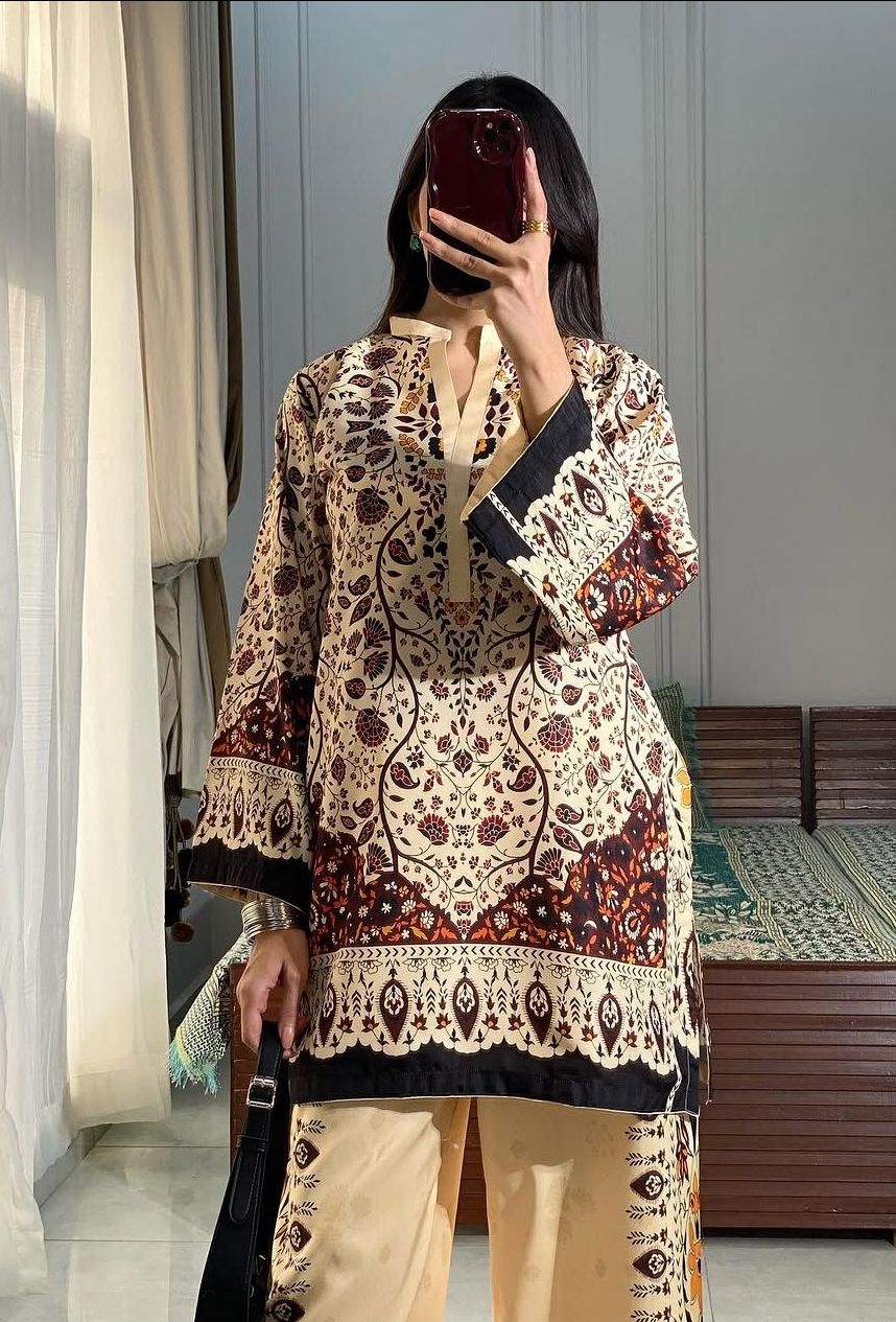 Printed Stylish Cotton Stitches Plazo Cord Set Suit - Golden Black / SD00190 view 6