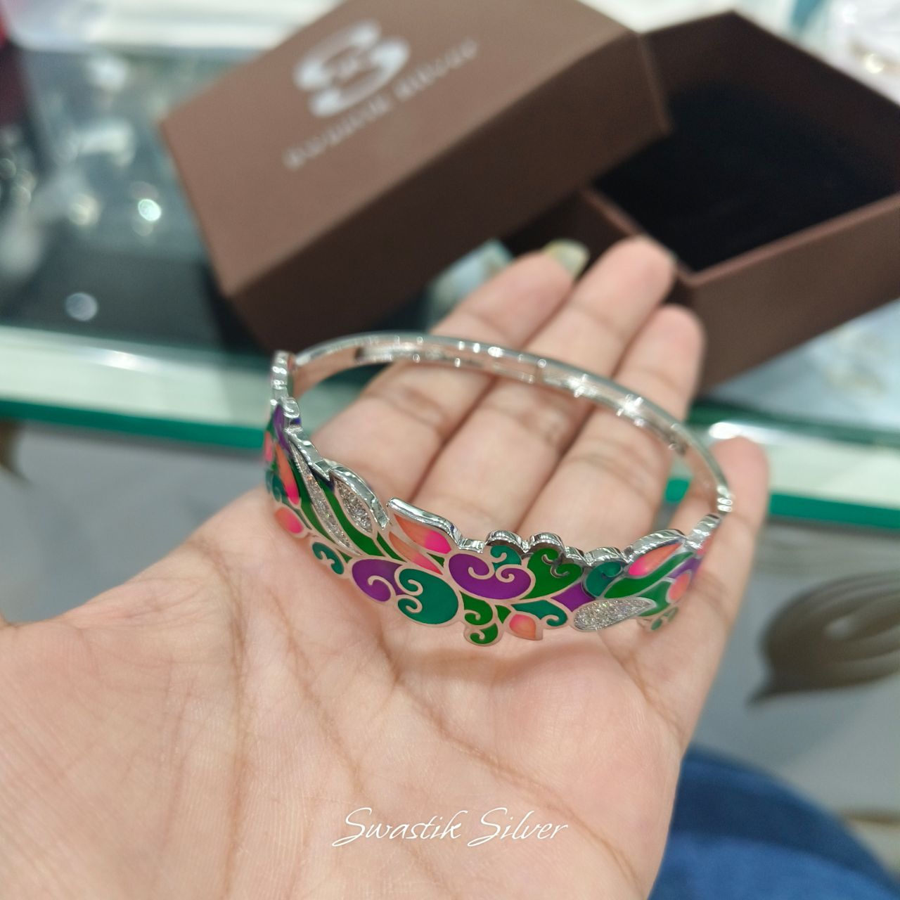 The Mayura Royale Hand-Painted Meenakari Silver Openable bracelet view 6