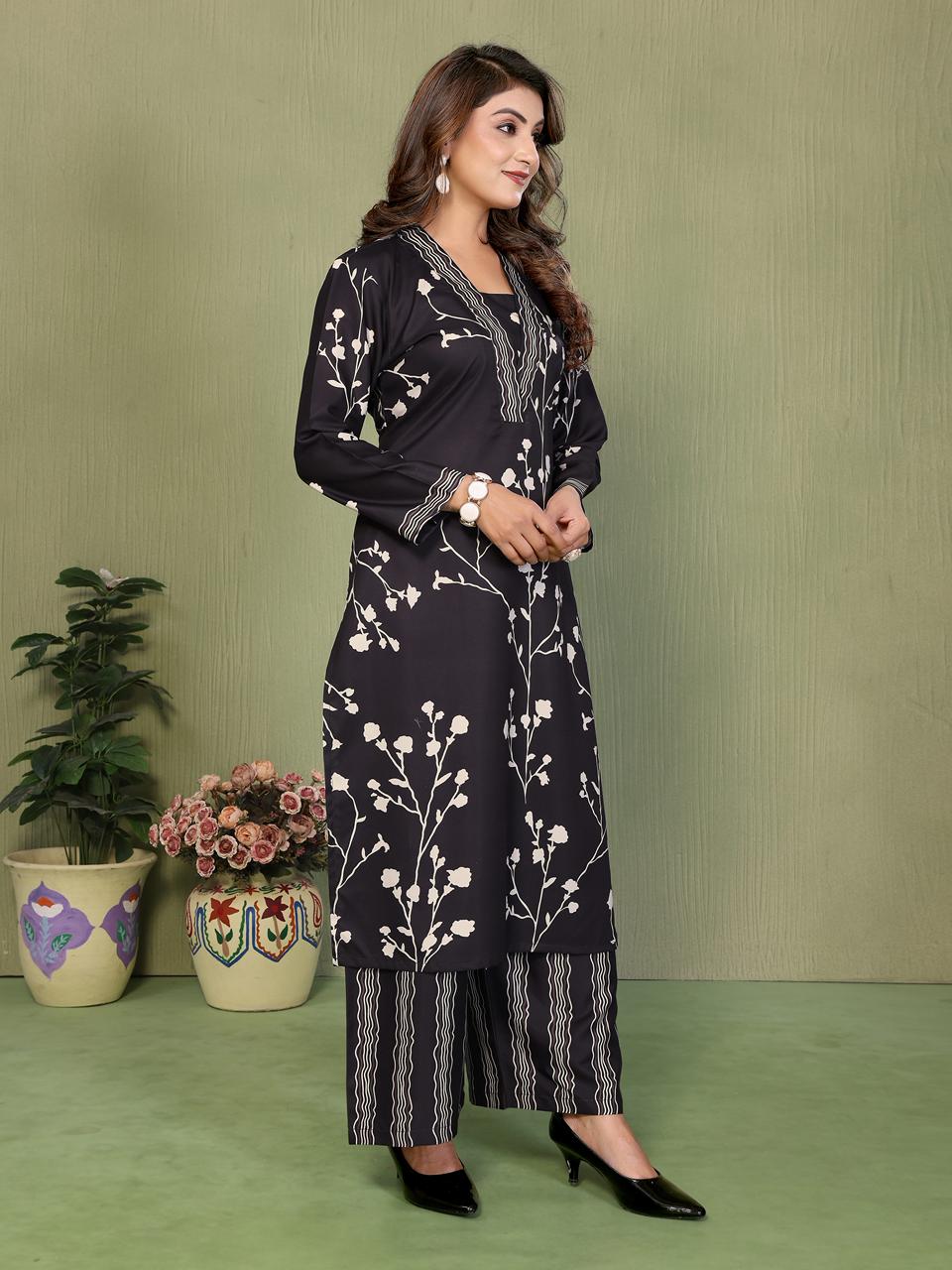Floral Printed Black Loos  Plazo Stitched Suit - Black / SD00189 view 2