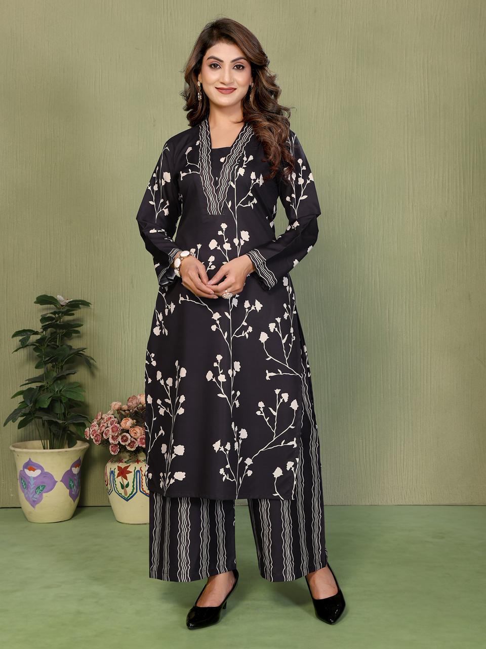 Floral Printed Black Loos  Plazo Stitched Suit - Black / SD00189 view 3