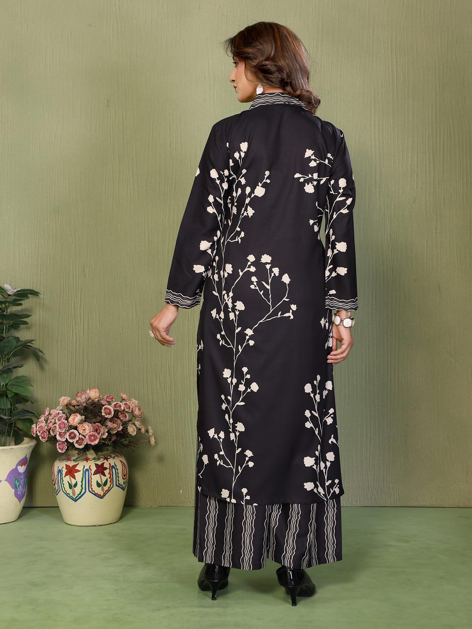 Floral Printed Black Loos  Plazo Stitched Suit - Black / SD00189 view 4