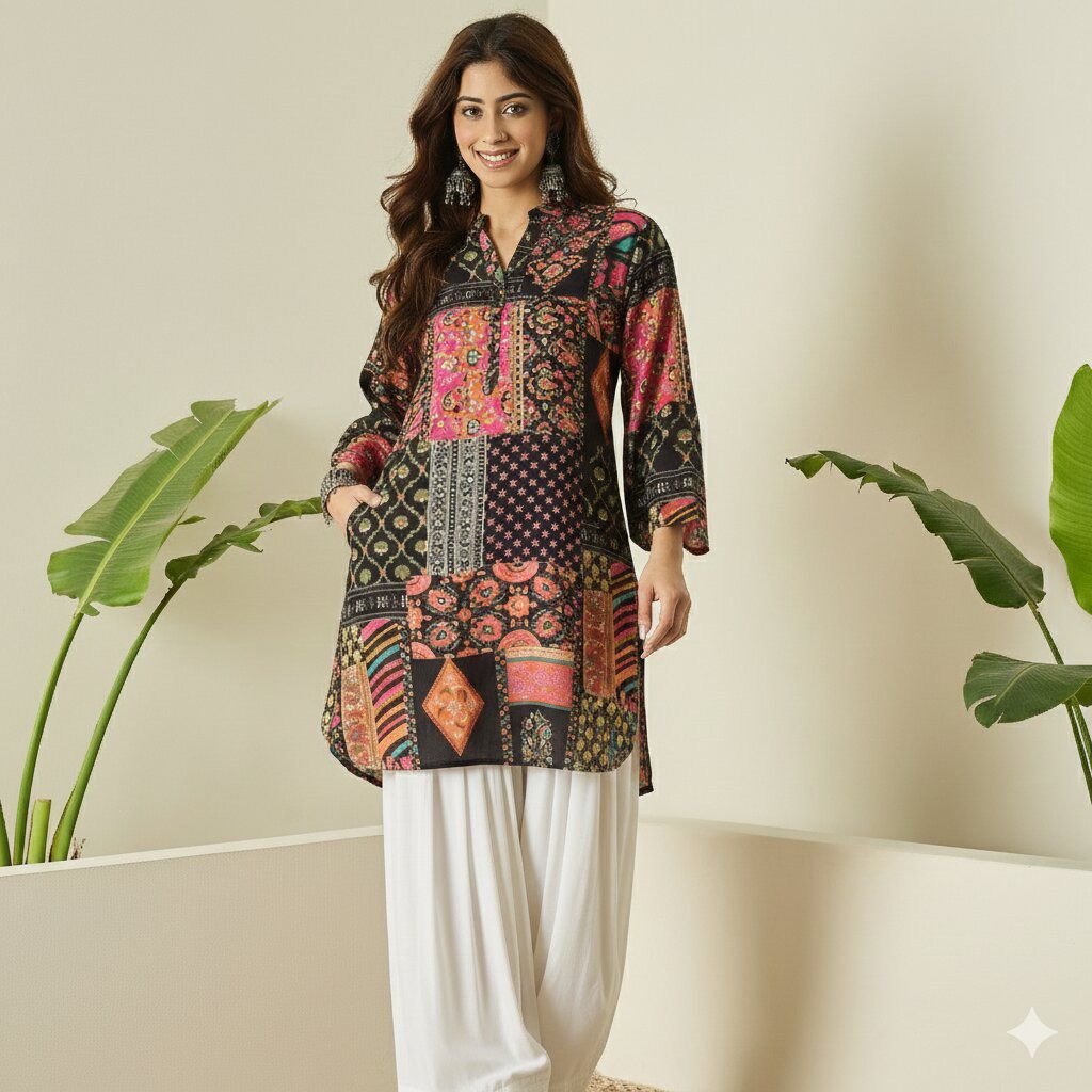 Printed Stylish Reyon Cotton Stitched Farshi Shalwar Cord Set - Brown  / SD00187 view 2