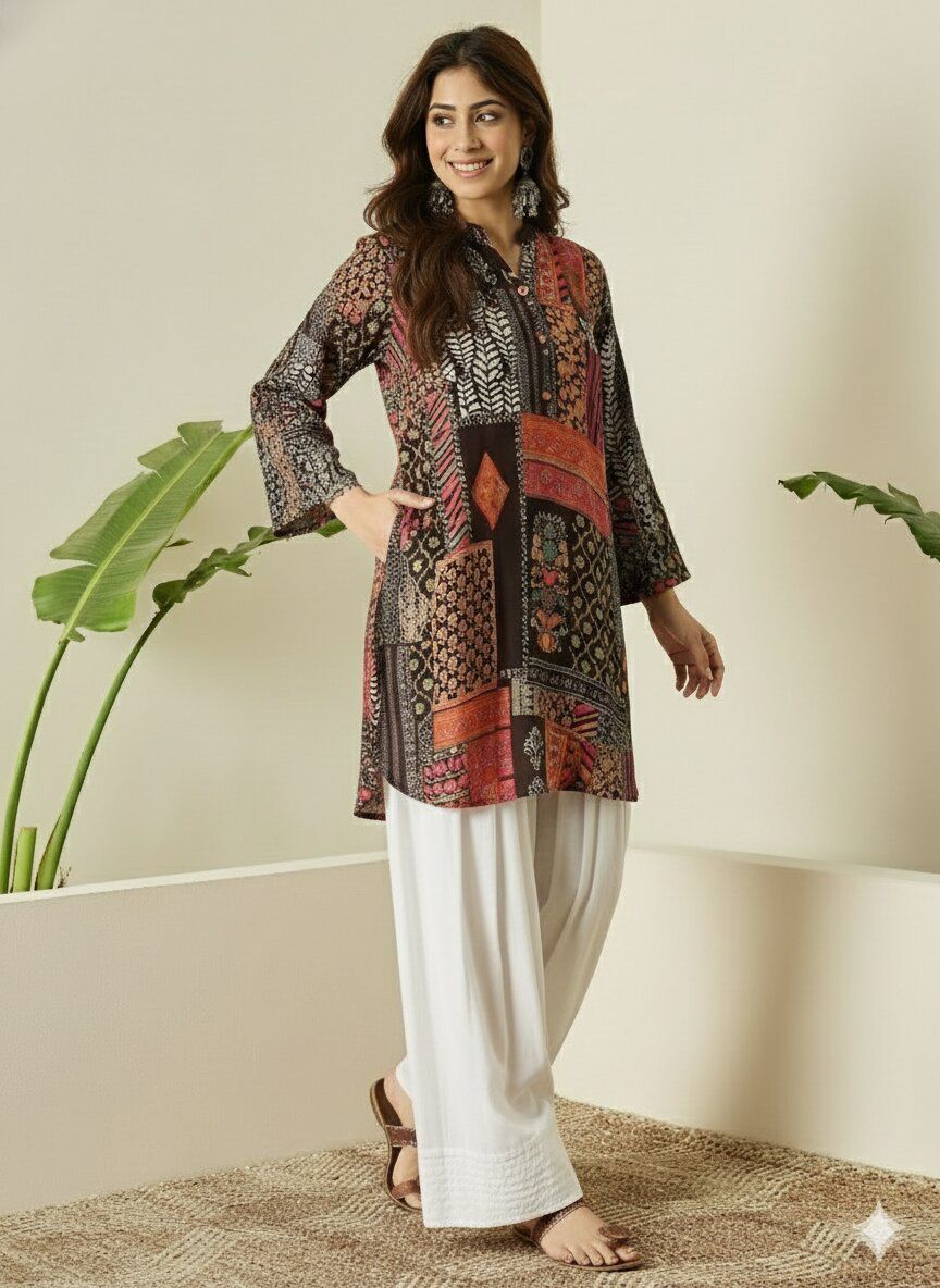 Printed Stylish Reyon Cotton Stitched Farshi Shalwar Cord Set - Brown  / SD00187 view 3