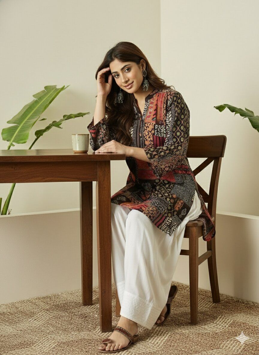 Printed Stylish Reyon Cotton Stitched Farshi Shalwar Cord Set - Brown  / SD00187 view 5