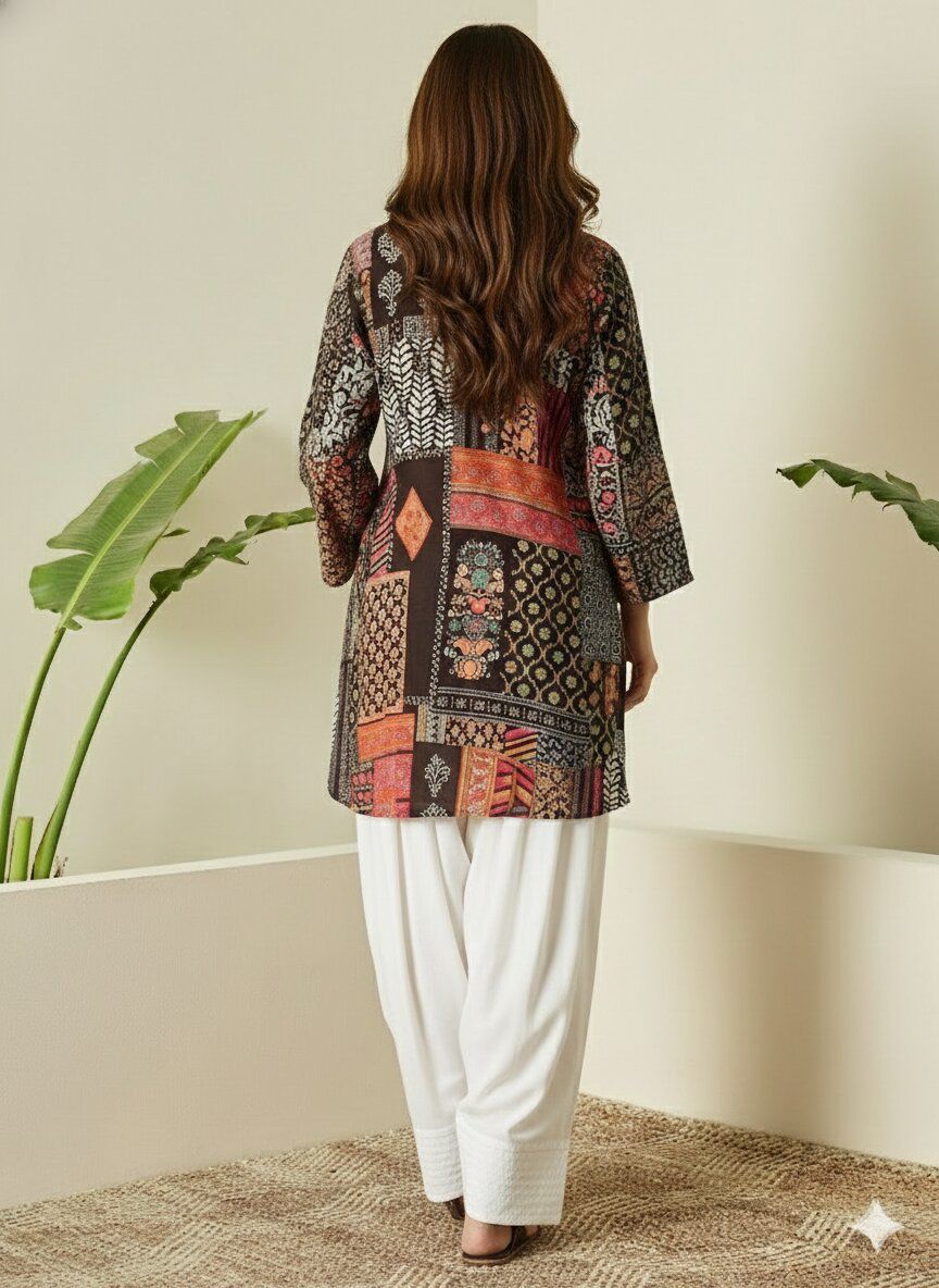 Printed Stylish Reyon Cotton Stitched Farshi Shalwar Cord Set - Brown  / SD00187 view 6
