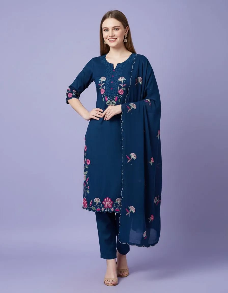 Red Embroidered Kurti Set view 3
