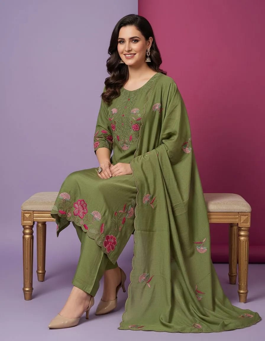 Red Embroidered Kurti Set view 5