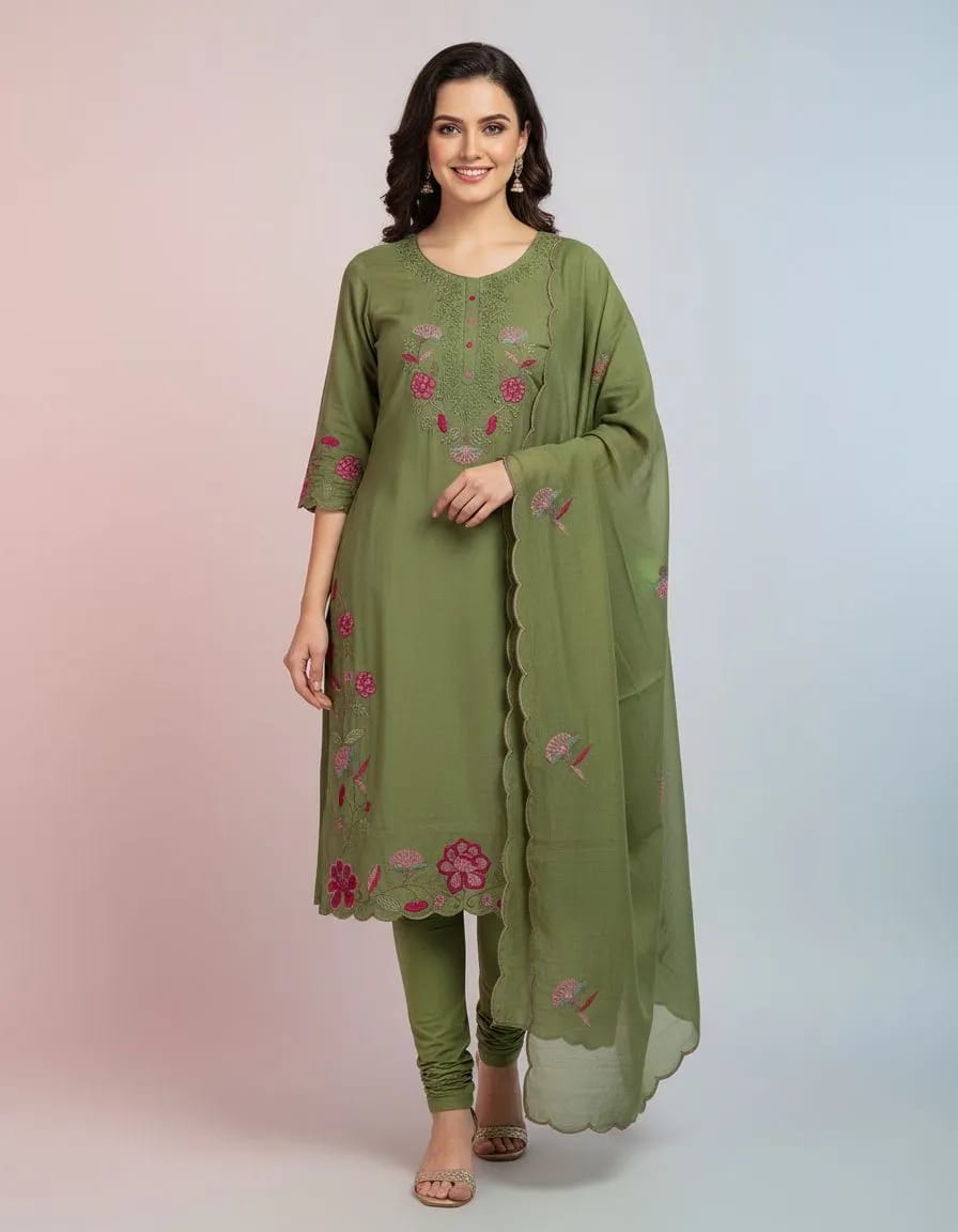 Red Embroidered Kurti Set view 6