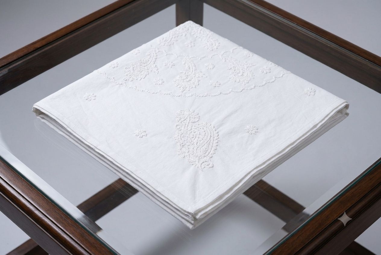 Exquisite White Cotton Chikankari Table Cover / Single Bedsheet view 2