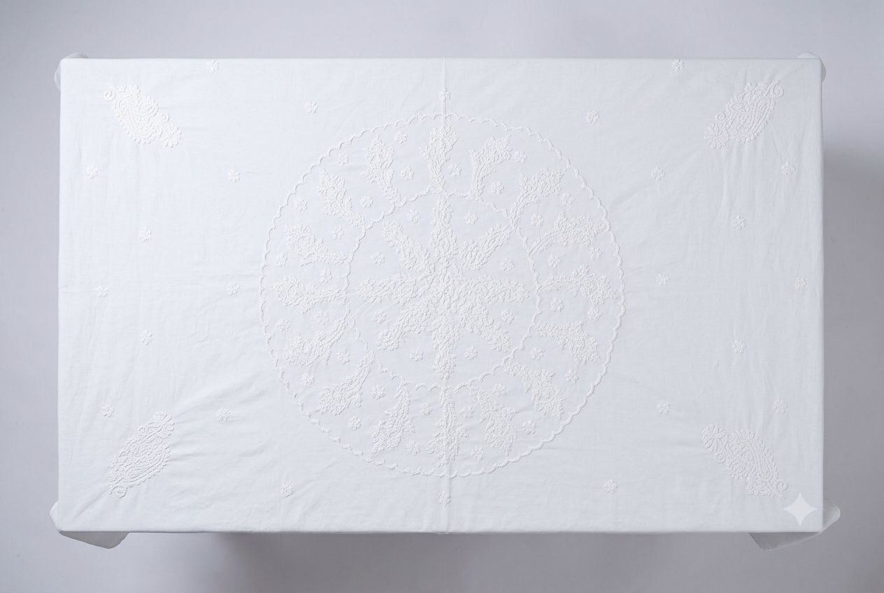 Exquisite White Cotton Chikankari Table Cover / Single Bedsheet