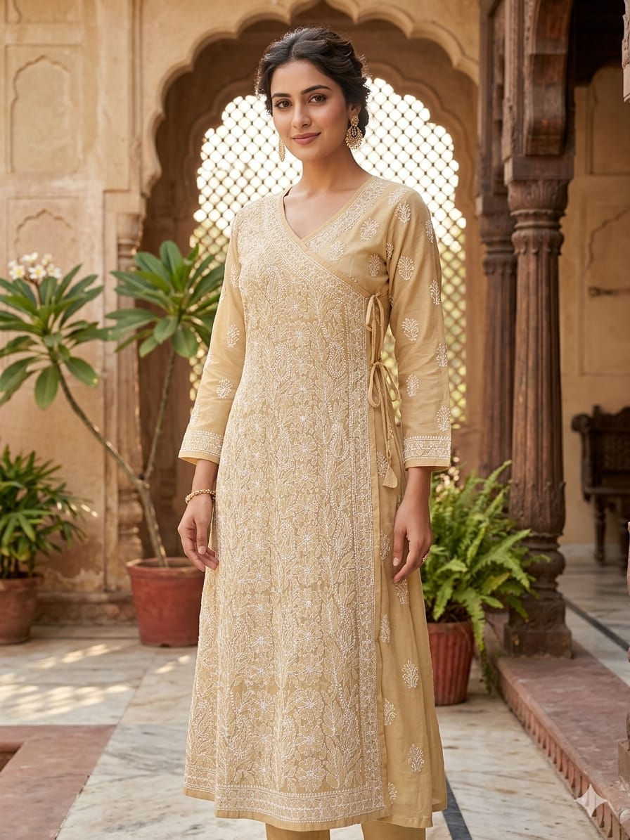 Beige Chikan Embroidered Kurta view 2