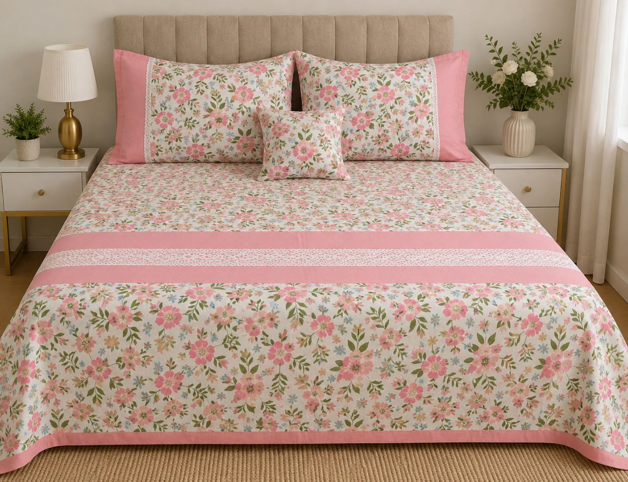Premium Floral Bedcover with Lace Border: