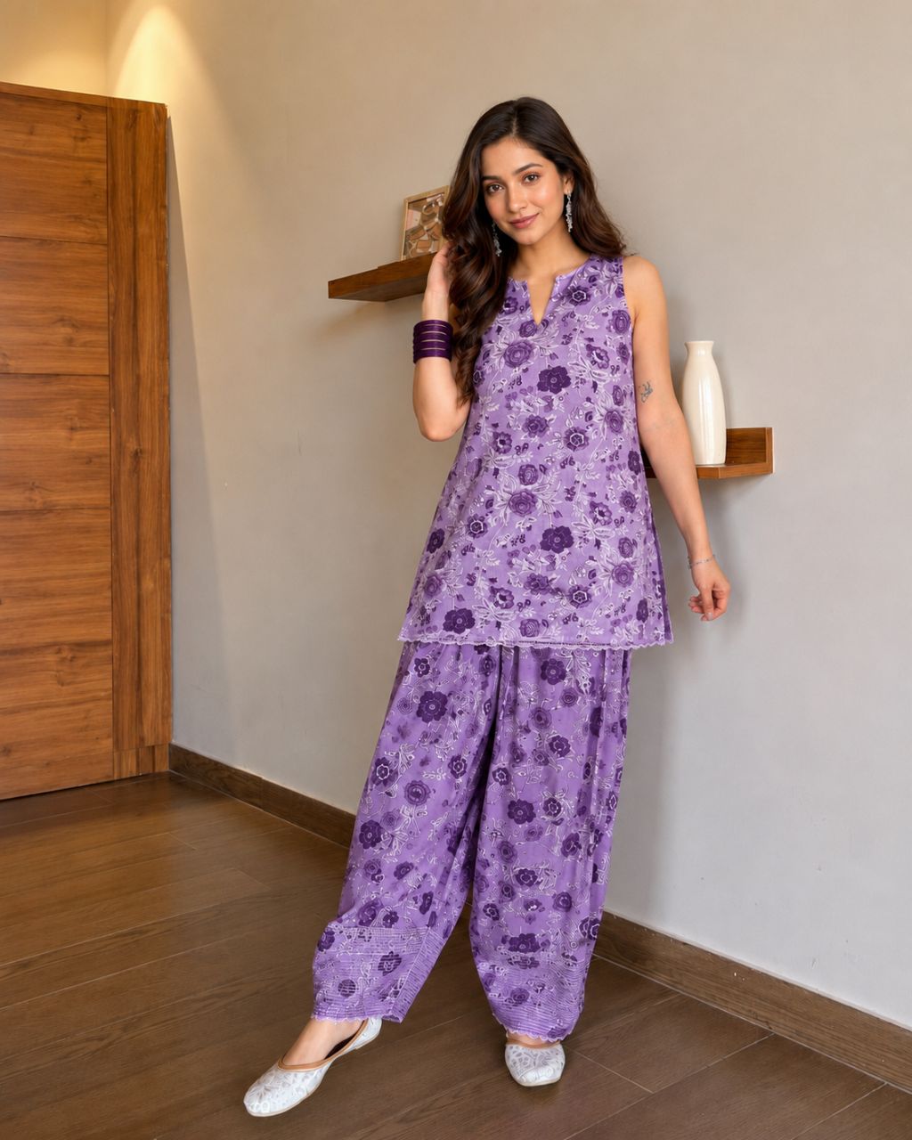 Purple floral printed sleeveless farshi set view 2