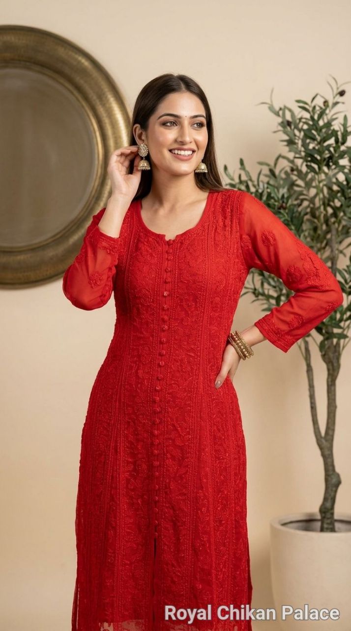 Lucknow Chikankaari Hand Embroidered Viscose Georgette Anarkali Kurti