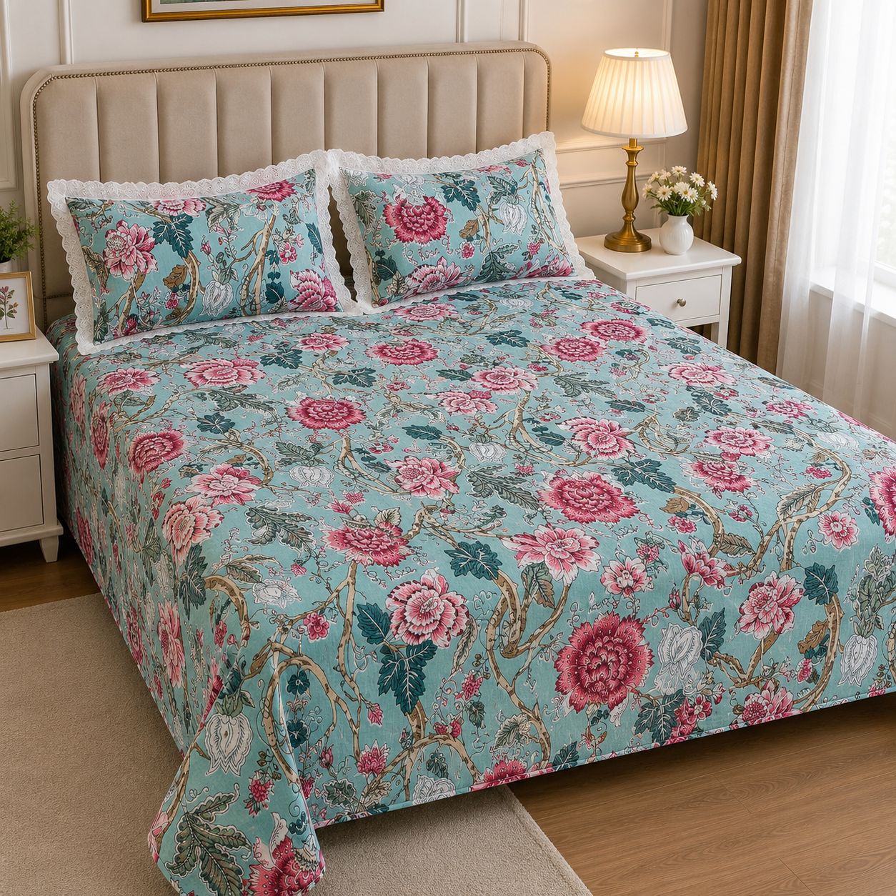 3 Pcs Bedsheet Set ,100% Cotton Bedsheet with 2 Frill Pillow Covers, view 2