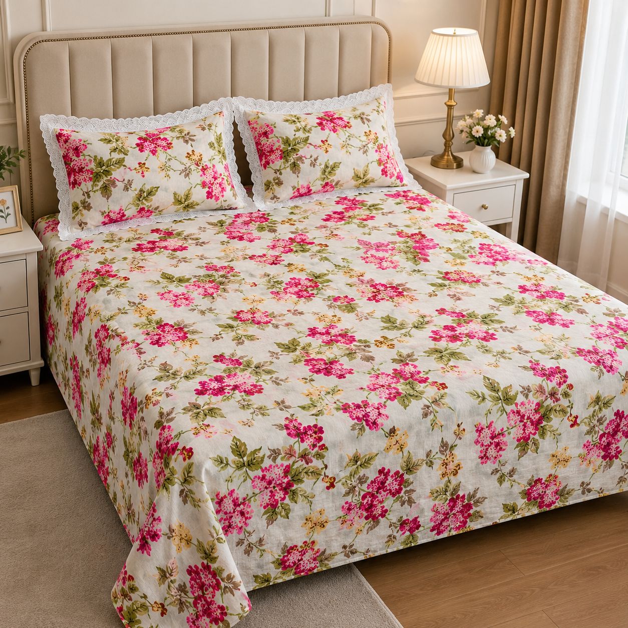3 Pcs Bedsheet Set ,100% Cotton Bedsheet with 2 Frill Pillow Covers, view 6