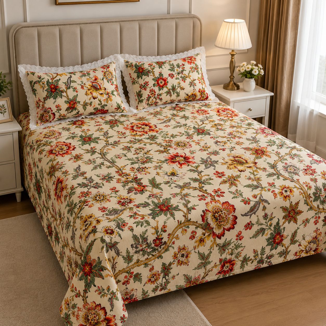 3 Pcs Bedsheet Set ,100% Cotton Bedsheet with 2 Frill Pillow Covers, view 4