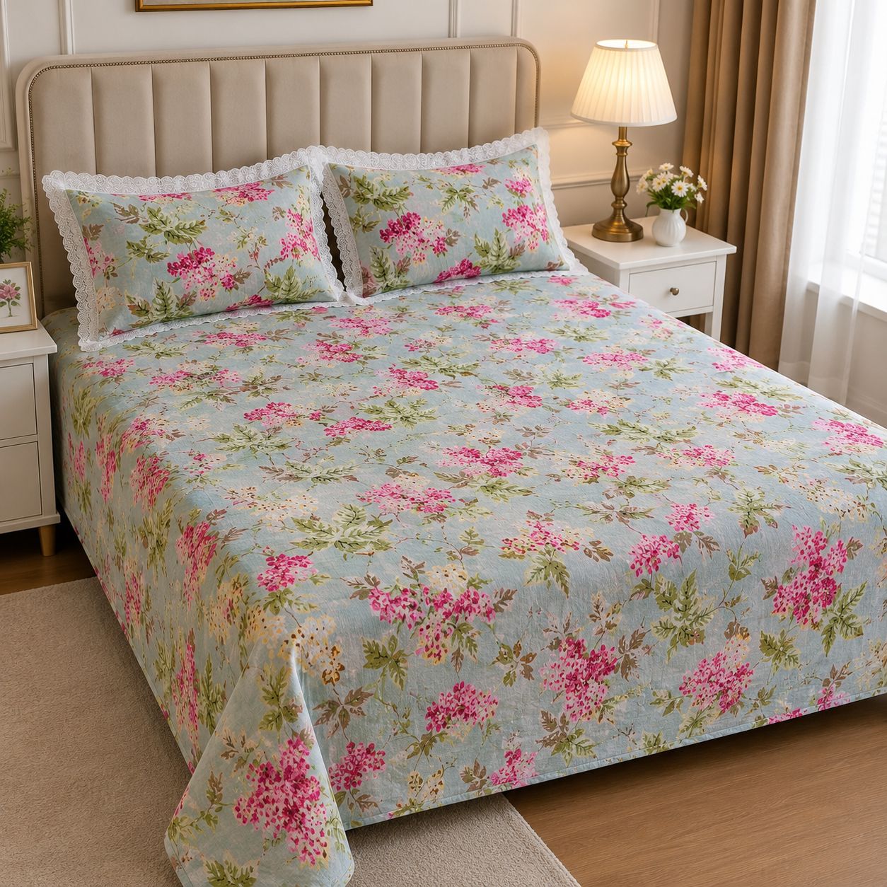 3 Pcs Bedsheet Set ,100% Cotton Bedsheet with 2 Frill Pillow Covers, view 3