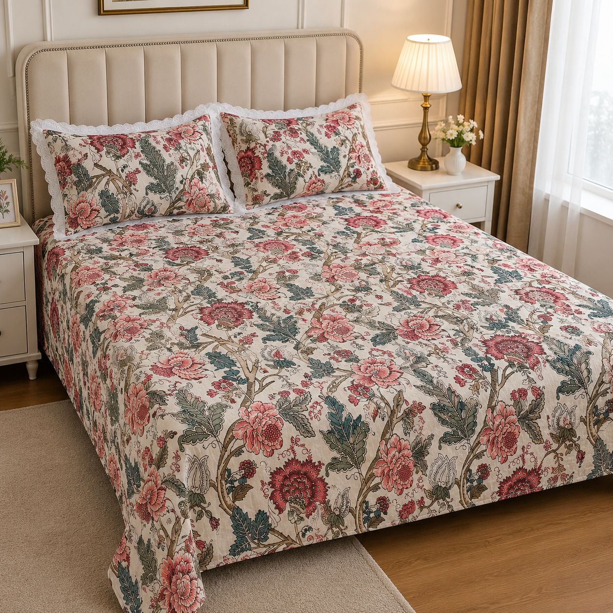 3 Pcs Bedsheet Set ,100% Cotton Bedsheet with 2 Frill Pillow Covers, view 5