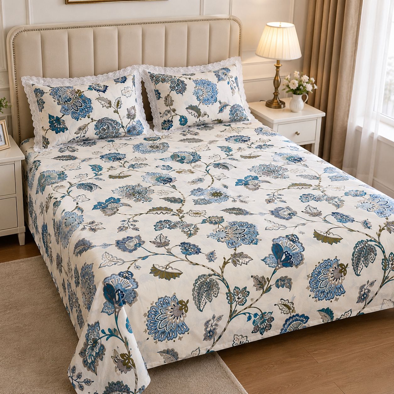 3 Pcs Bedsheet Set ,100% Cotton Bedsheet with 2 Frill Pillow Covers, view 7