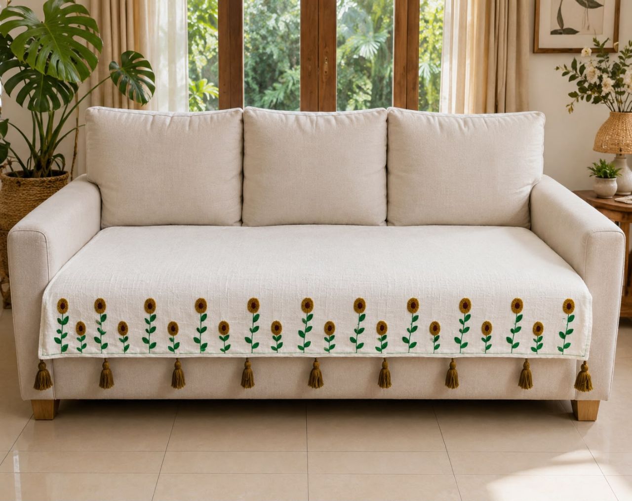 PREMIUM COTTON JUTE SOFA COVER WITH TESSEL BORDER , 36 INCHI view 3