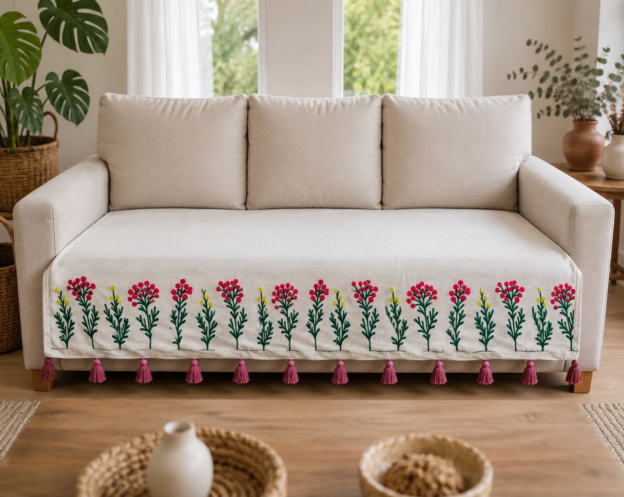 PREMIUM COTTON JUTE SOFA COVER WITH TESSEL BORDER , 36 INCHI view 4