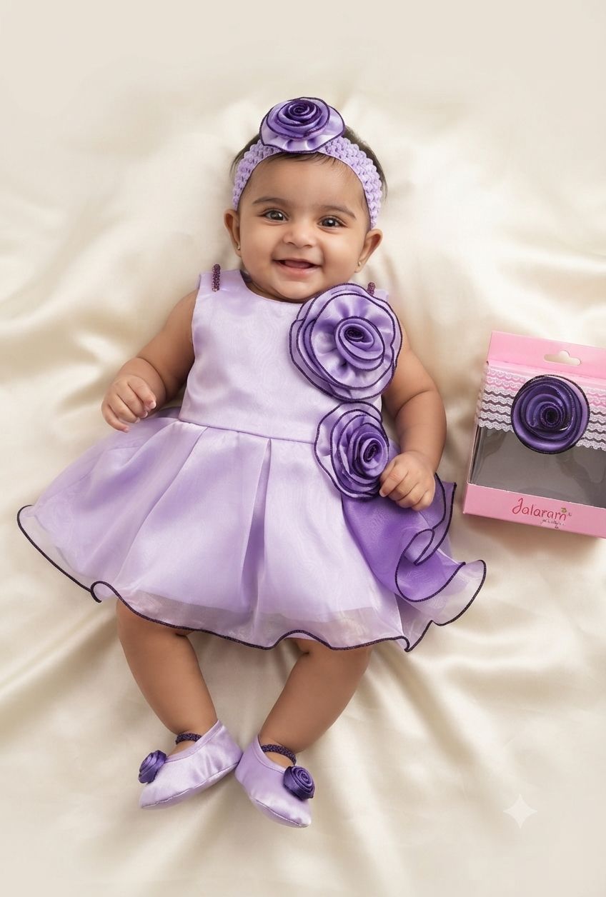 Jalaram 1817 B Baby Girls Lavender Floral Party Wear Frock with Matching Shoes