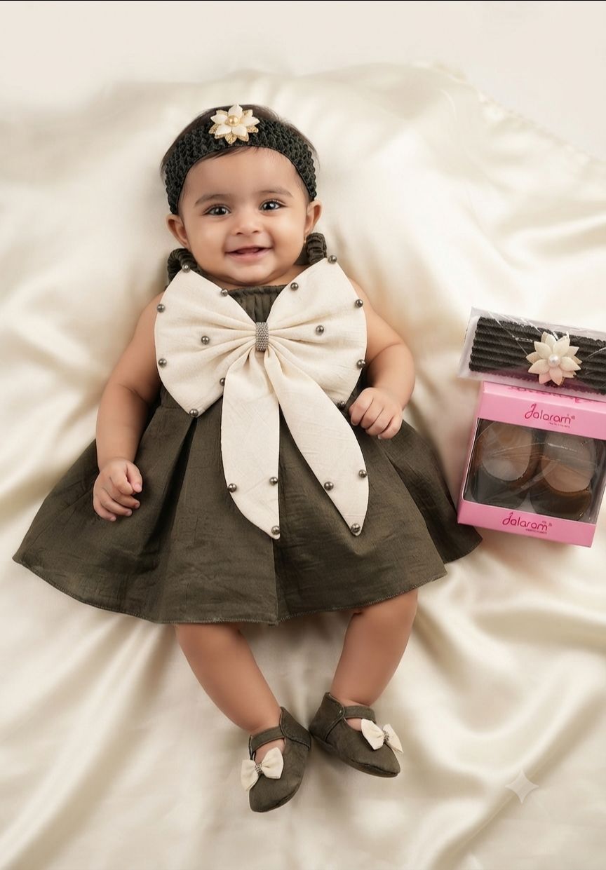 Baby Girls Olive Green Bow Party Wear Frock with Matching Shoes 8058 A