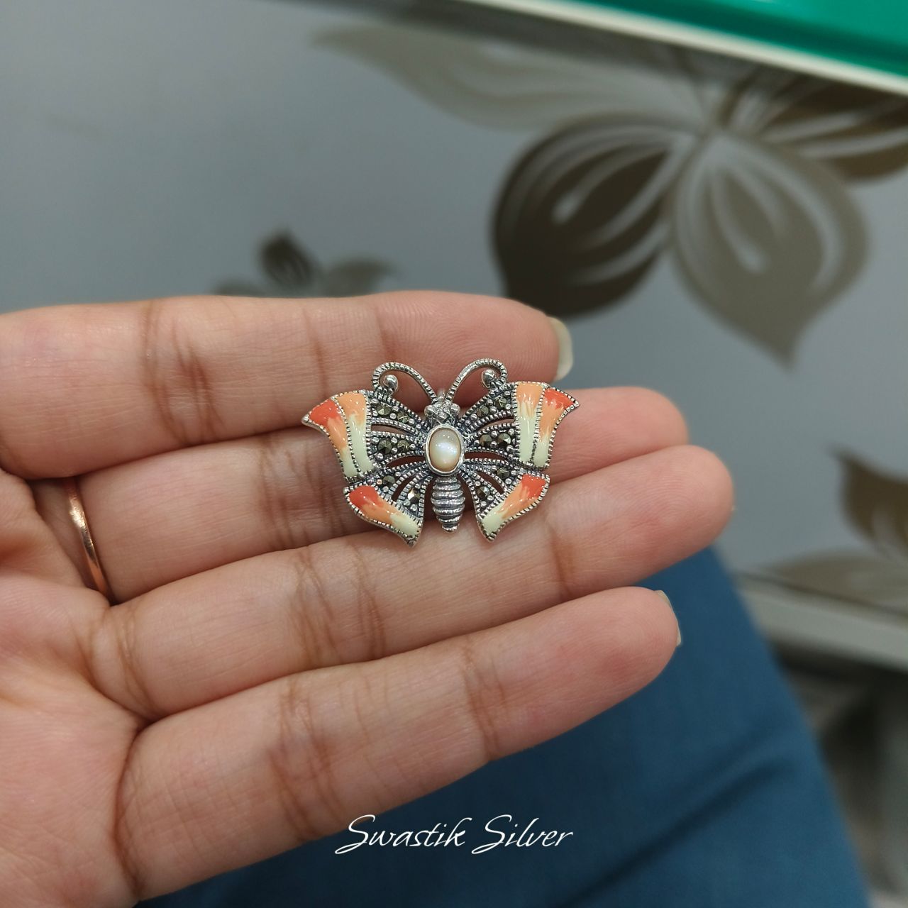 The Monarch Butterfly Enamel & Marcasite Silver Brooch view 5